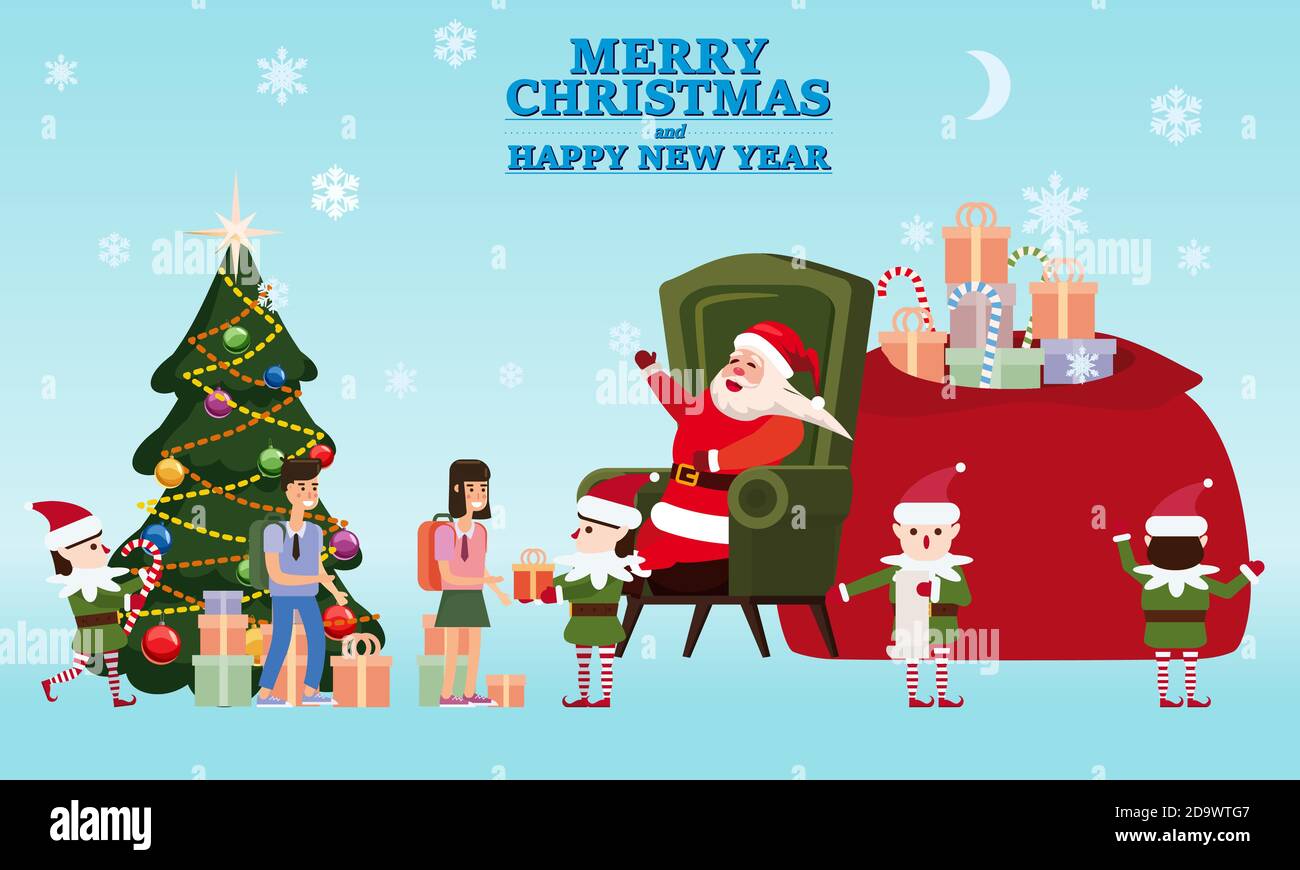 Buon Natale e felice anno nuovo Babbo Natale con i suoi aiutanti elfo e gli assistenti dà doni ai bambini nella sua residenza. Illustrazione vettoriale isolata Illustrazione Vettoriale