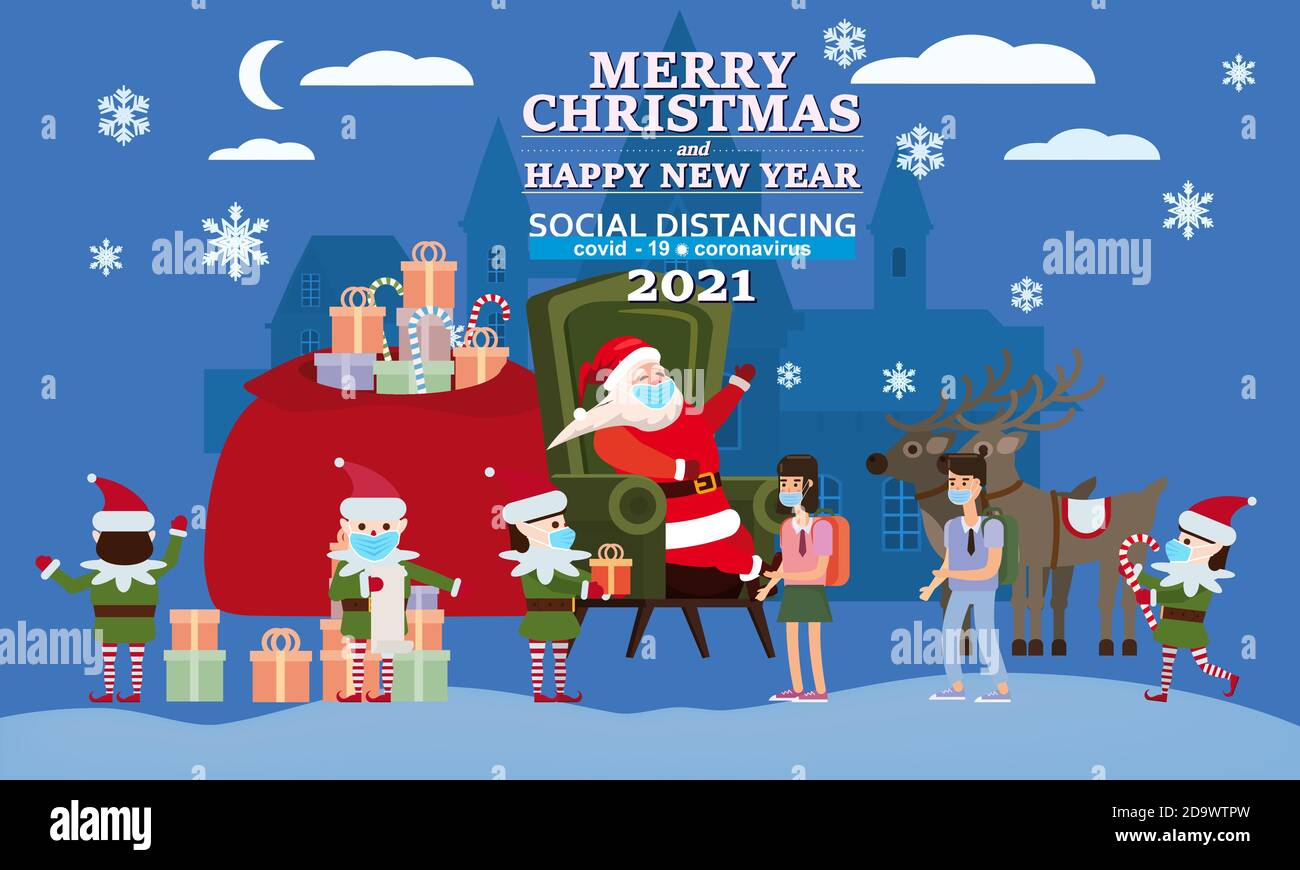 Buon Natale e felice anno nuovo Babbo Natale con i suoi aiutanti elfo e gli assistenti dà doni ai bambini nella sua residenza. In condizioni di COVID Illustrazione Vettoriale
