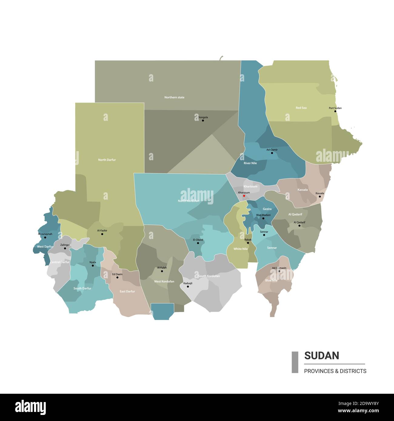 Sudan higt Mappa dettagliata con suddivisioni. Mappa amministrativa del Sudan con il nome dei distretti e delle città, colorata per stati e distretti amministrativi. Illustrazione Vettoriale