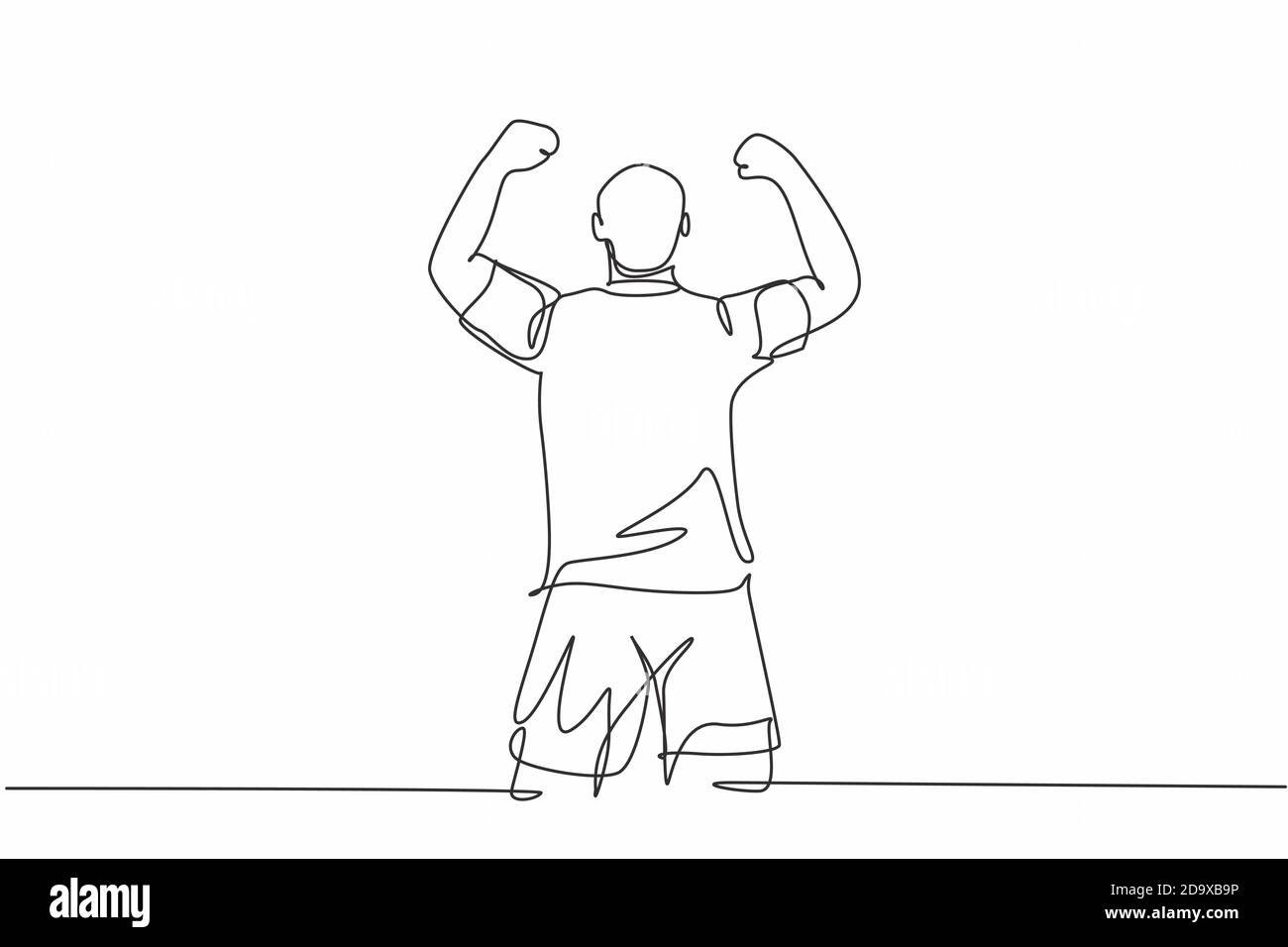 Un disegno di linea continuo del giovane giocatore sportivo di calcio alza le sue mani pugnalate fino al cielo emotivamente sul campo. Partita gol punteggio celebrazione Illustrazione Vettoriale