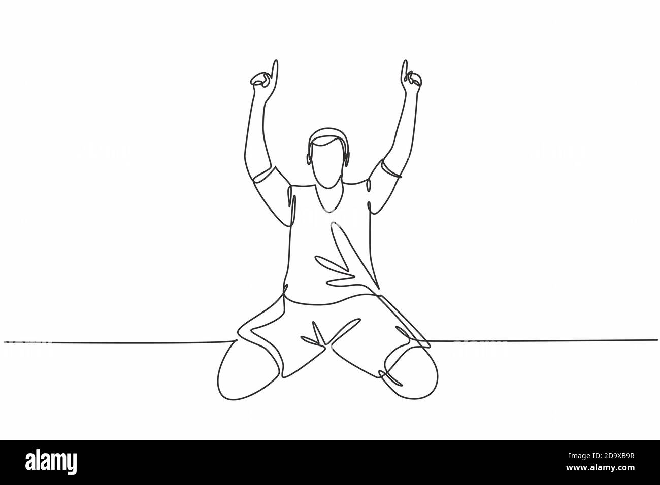 Un disegno a linea singola del giovane giocatore di calcio che punta le dita verso il cielo celebrando il suo goal segnando sul campo. Concetto di celebrazione dell'obiettivo di corrispondenza Illustrazione Vettoriale