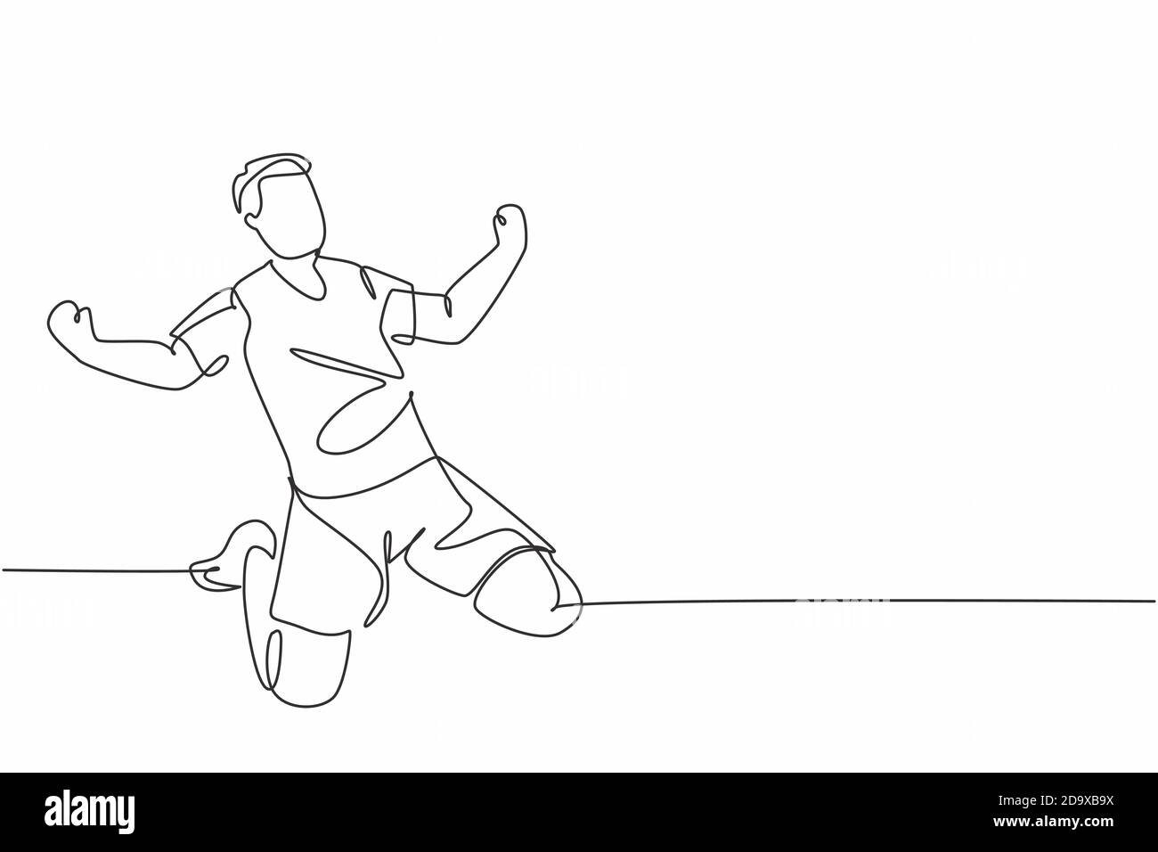 Un disegno in linea unico di un giovane giocatore di calcio sportivo che celebra il suo goal sul campo emotivamente sul campo. Concetto di celebrazione dell'obiettivo di corrispondenza Illustrazione Vettoriale