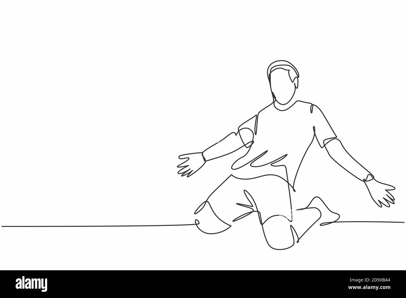 Un disegno di linea continuo di giovane giocatore di calcio sportivo che si allarga le braccia e scivola sul campo. Concetto di celebrazione del punteggio dell'obiettivo della partita Illustrazione Vettoriale