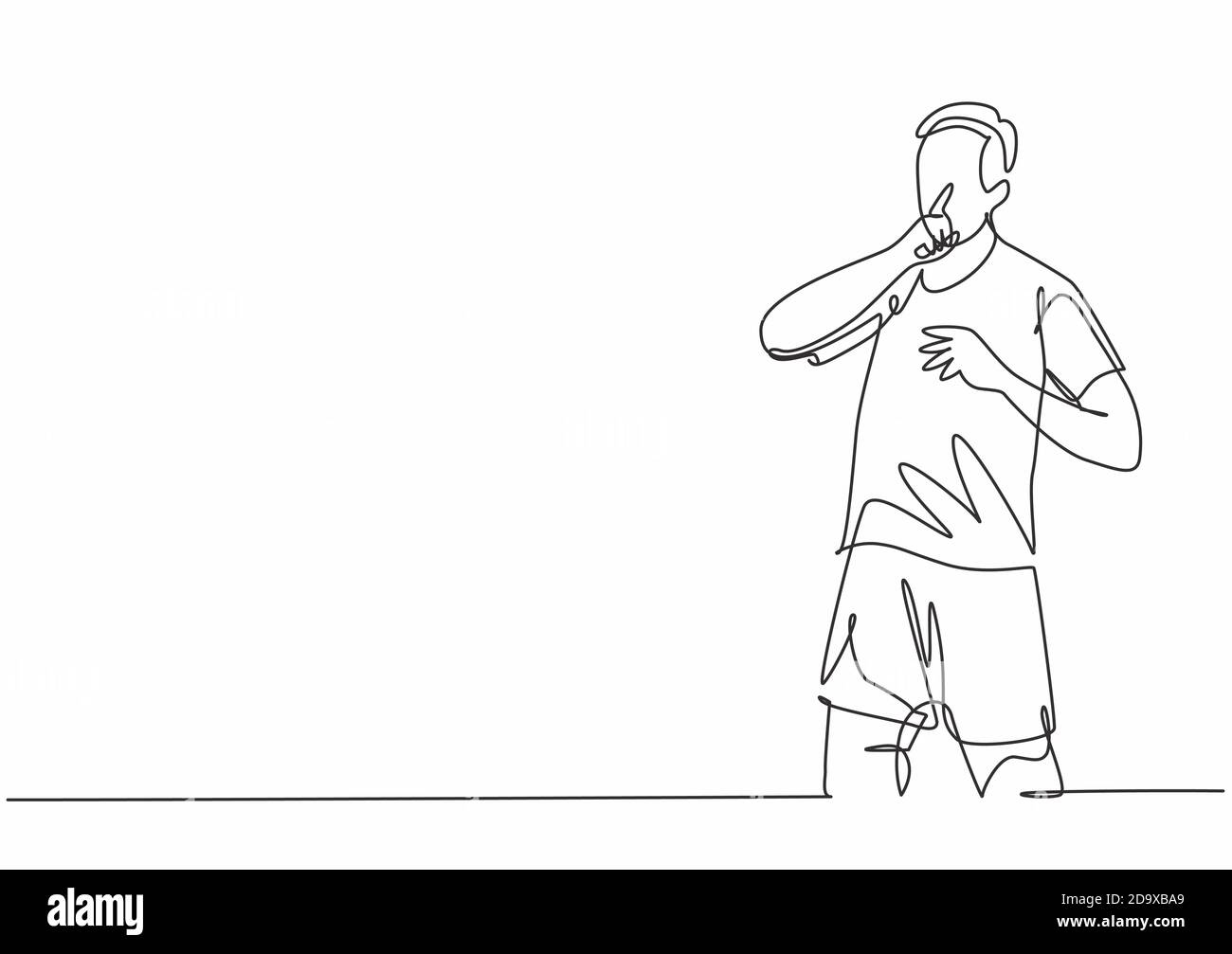 Un singolo giocatore di calcio sportivo, che disegnava una linea continua, fa un gesto tranquillo con il dito verso i tifosi rivali. Partita di calcio gol celebrazione Illustrazione Vettoriale