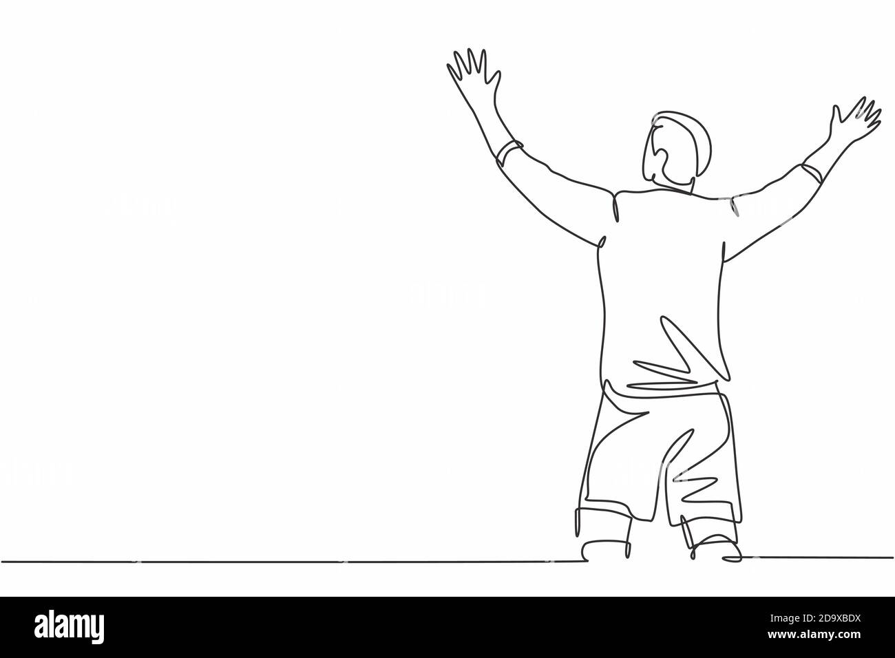 Un disegno continuo di un giovane giocatore di calcio sportivo che si stenderà le braccia e urla forte sul campo. Concetto di celebrazione del punteggio di goal Match Illustrazione Vettoriale