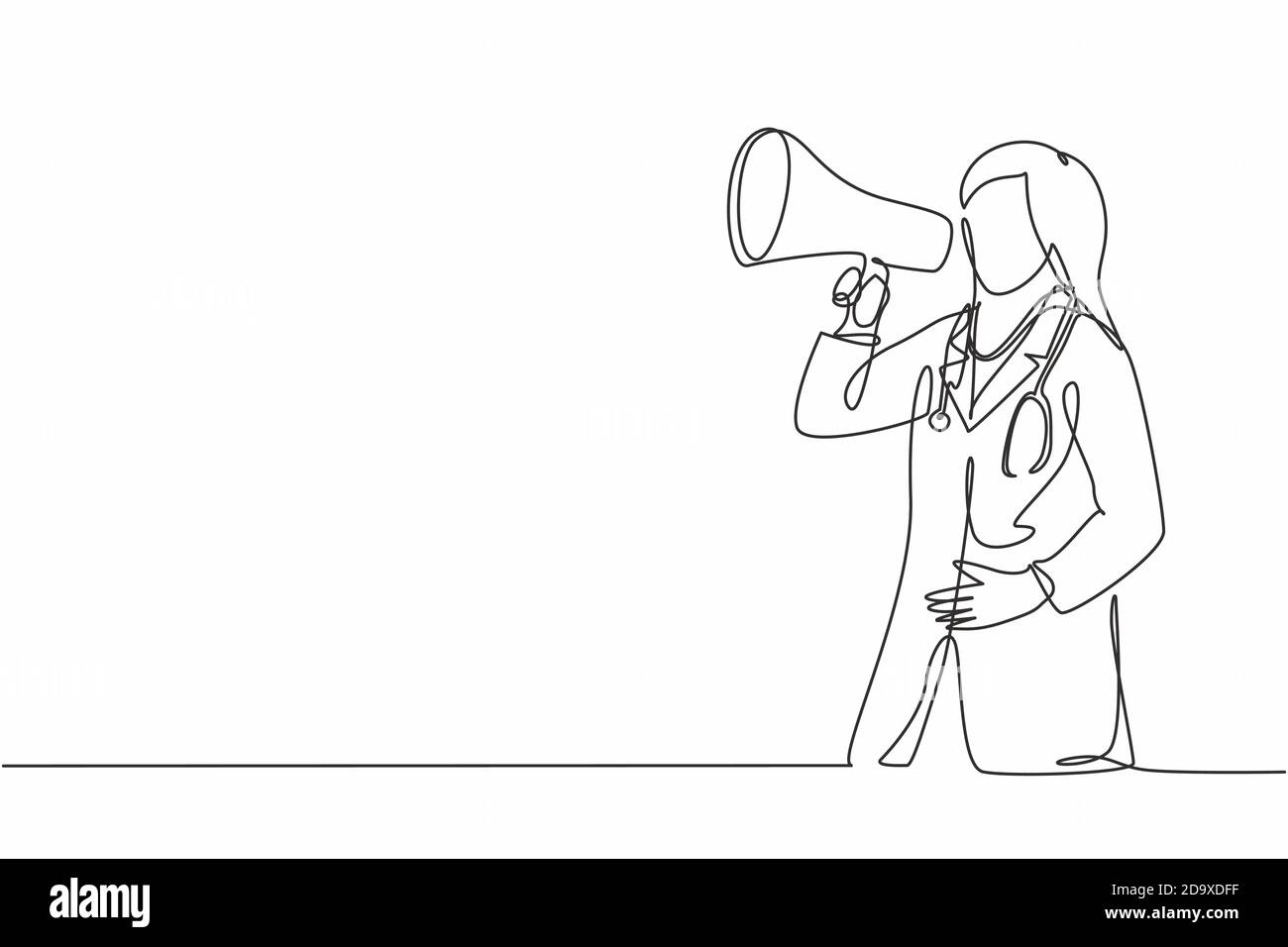 Disegno a linea continua singola giovane dottore ha annunciato importanti informazioni per il paziente utilizzando il megafono altoparlante. Operatore sanitario medico Illustrazione Vettoriale
