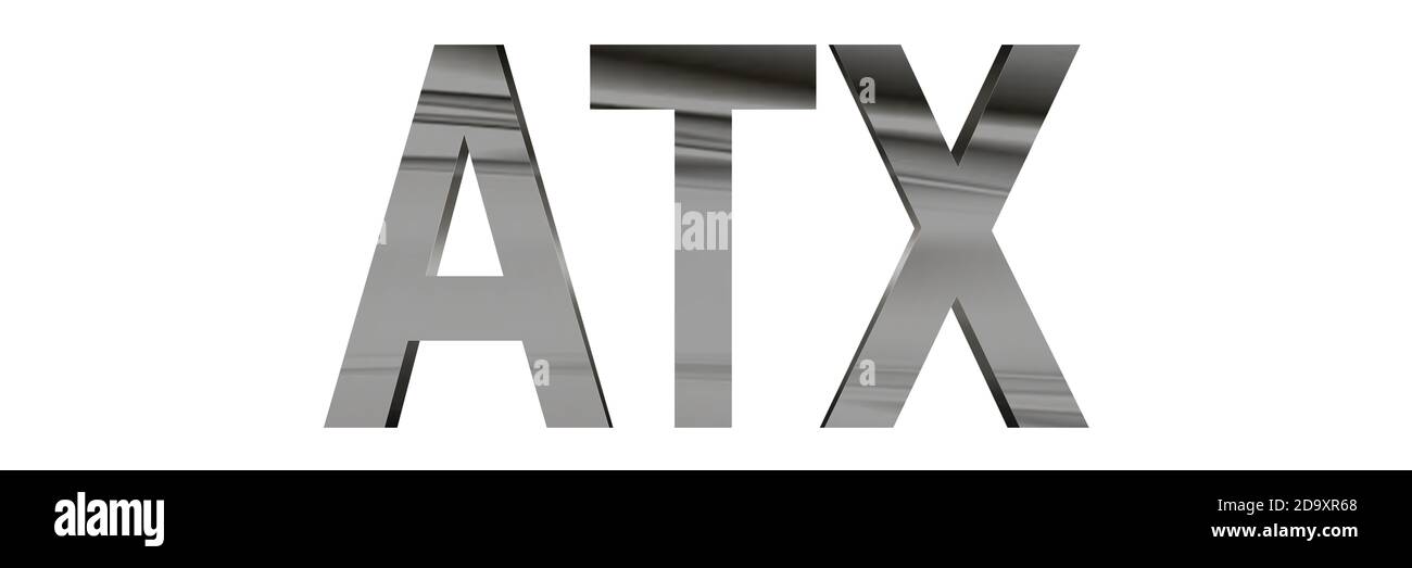 Testo 3D ATX cromato isolato su bianco Foto Stock