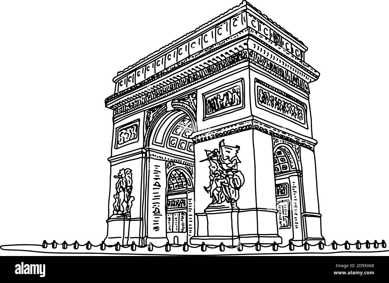 Arco di Trionfo o Arco Trionfo della Stella in Francia illustrazione vettoriale schizzo doodle mano disegnata con linee nere isolato su sfondo bianco Illustrazione Vettoriale