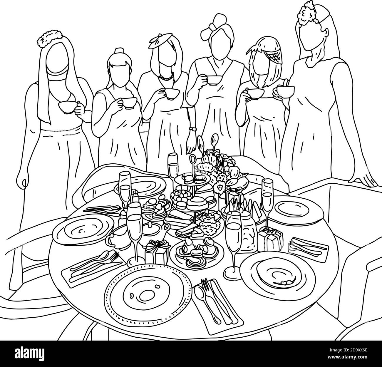 cinque donne che hanno il tè del pomeriggio con i dessert sul vettore della tabella illustrazione schizzo doodle mano disegnata con linee nere isolate su sfondo bianco Illustrazione Vettoriale