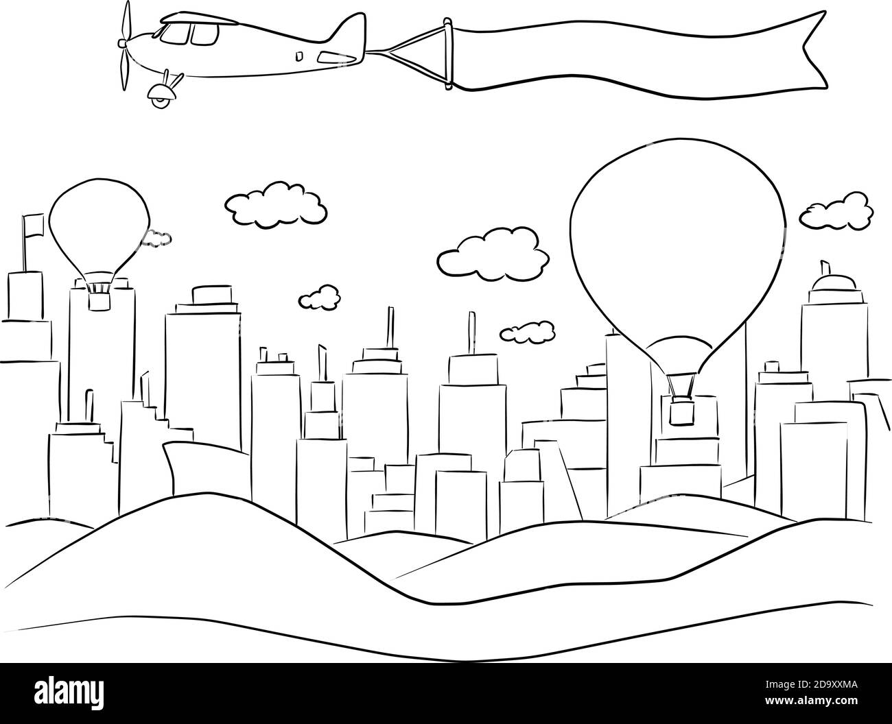 città e montagna con aeroplano e cartello bianco nel illustrazione vettore cielo schizzo doodle mano disegnata con linee nere isolato su sfondo bianco Illustrazione Vettoriale