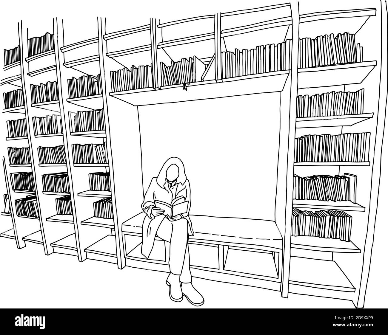 donna che legge libro in biblioteca con copyspace disegno vettoriale doodle mano disegnata con linee nere isolate su sfondo bianco Immagine e Vettoriale - Alamy