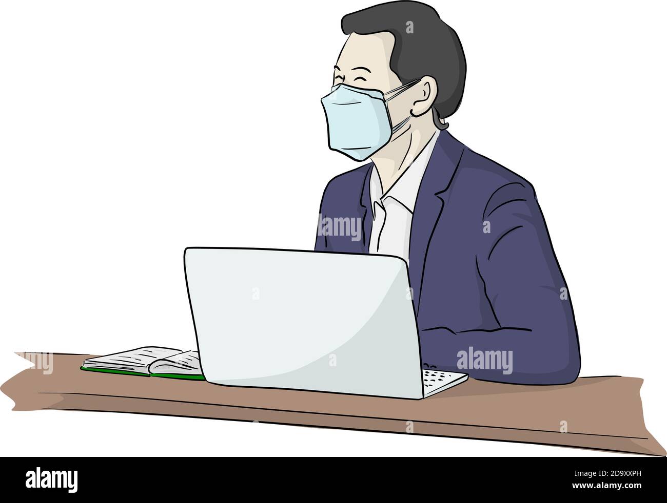 Ben vestito giovane uomo d'affari con maschera medica chirurgica seduta e. lavoro su computer portatile vettore illustrazione schizzo doodle mano disegnata isolato Illustrazione Vettoriale