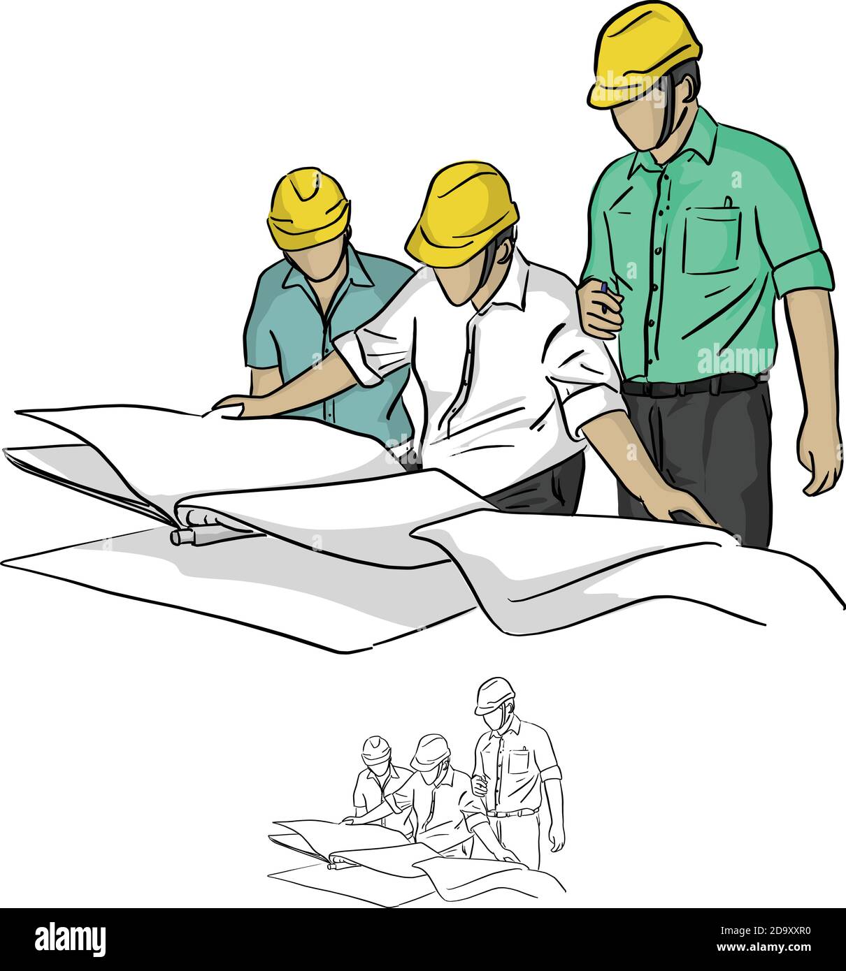 tre ingegneri di costruzione che guardano al progetto nel vettore di cantiere illustrazione schizzo doodle mano disegnata con linee nere isolate su bianco Illustrazione Vettoriale