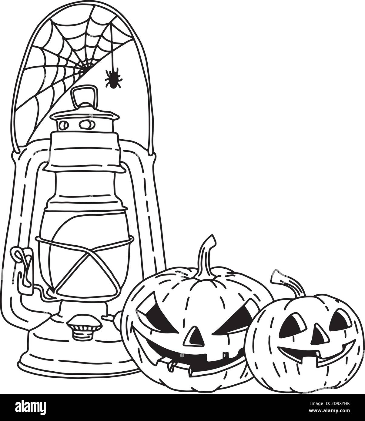 Holloween zucca e lanterna con copyspace vettore illustrazione doodle schizzo disegnata a mano con linee nere isolate su sfondo bianco Illustrazione Vettoriale