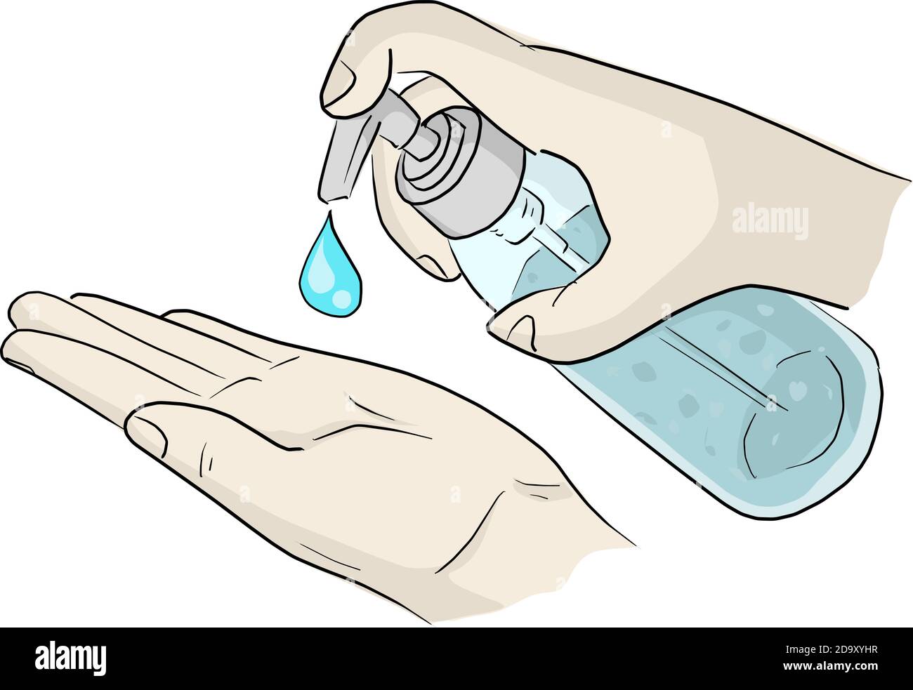 Mano di lavaggio con alcool disinfettante illustrazione vettore schizzo doodle mano tracciato isolato su sfondo bianco Illustrazione Vettoriale