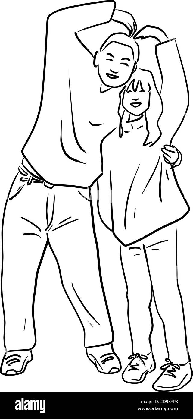 coppia con il vettore forma del cuore illustrazione schizzo doodle mano disegnata con linee nere isolate su sfondo bianco Illustrazione Vettoriale