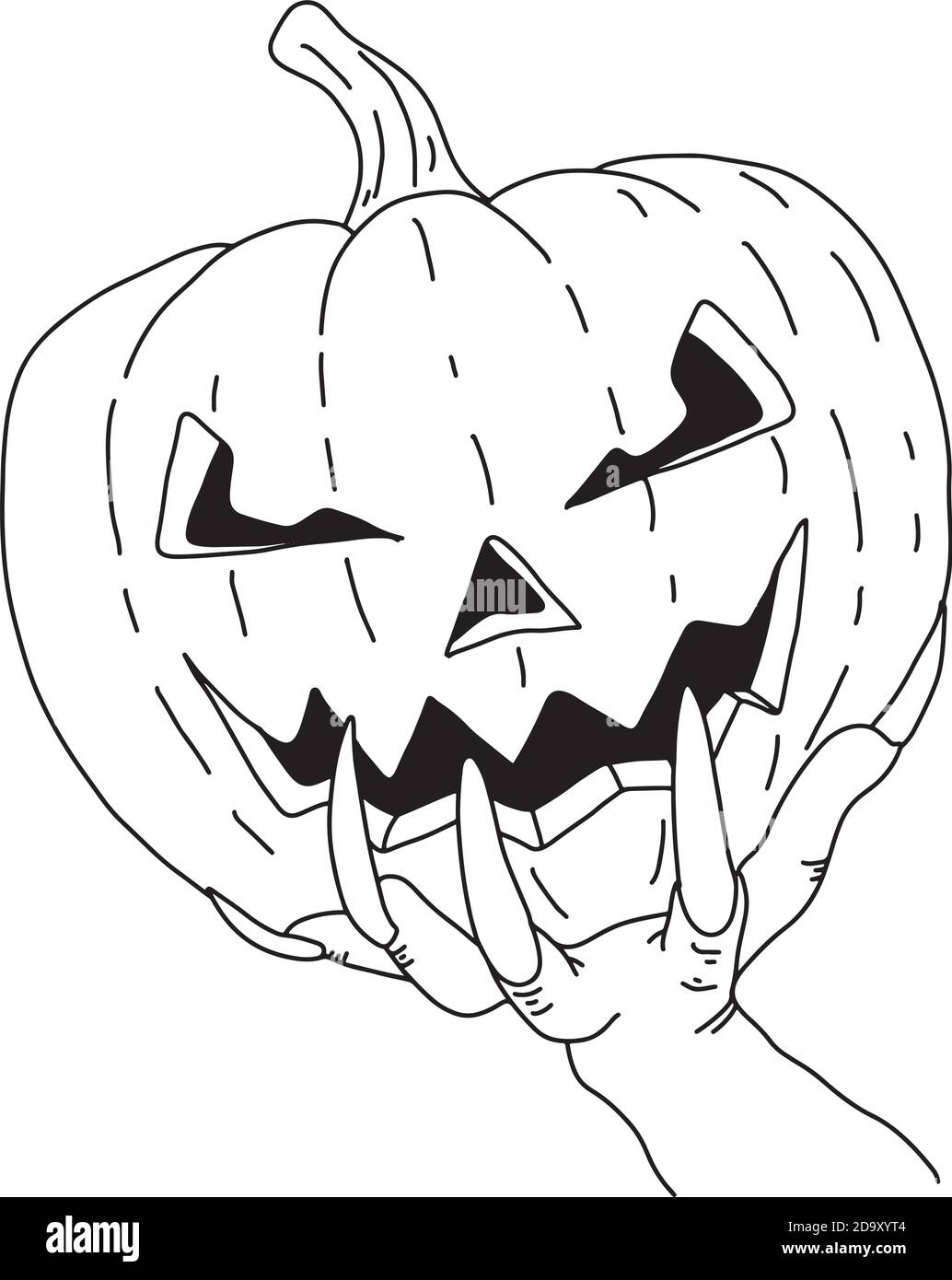 Mano con unghie lunghe che tengono Hallowen zucca vettore illustrazione schizzo doodle mano disegnata con linee nere isolate su sfondo bianco Illustrazione Vettoriale