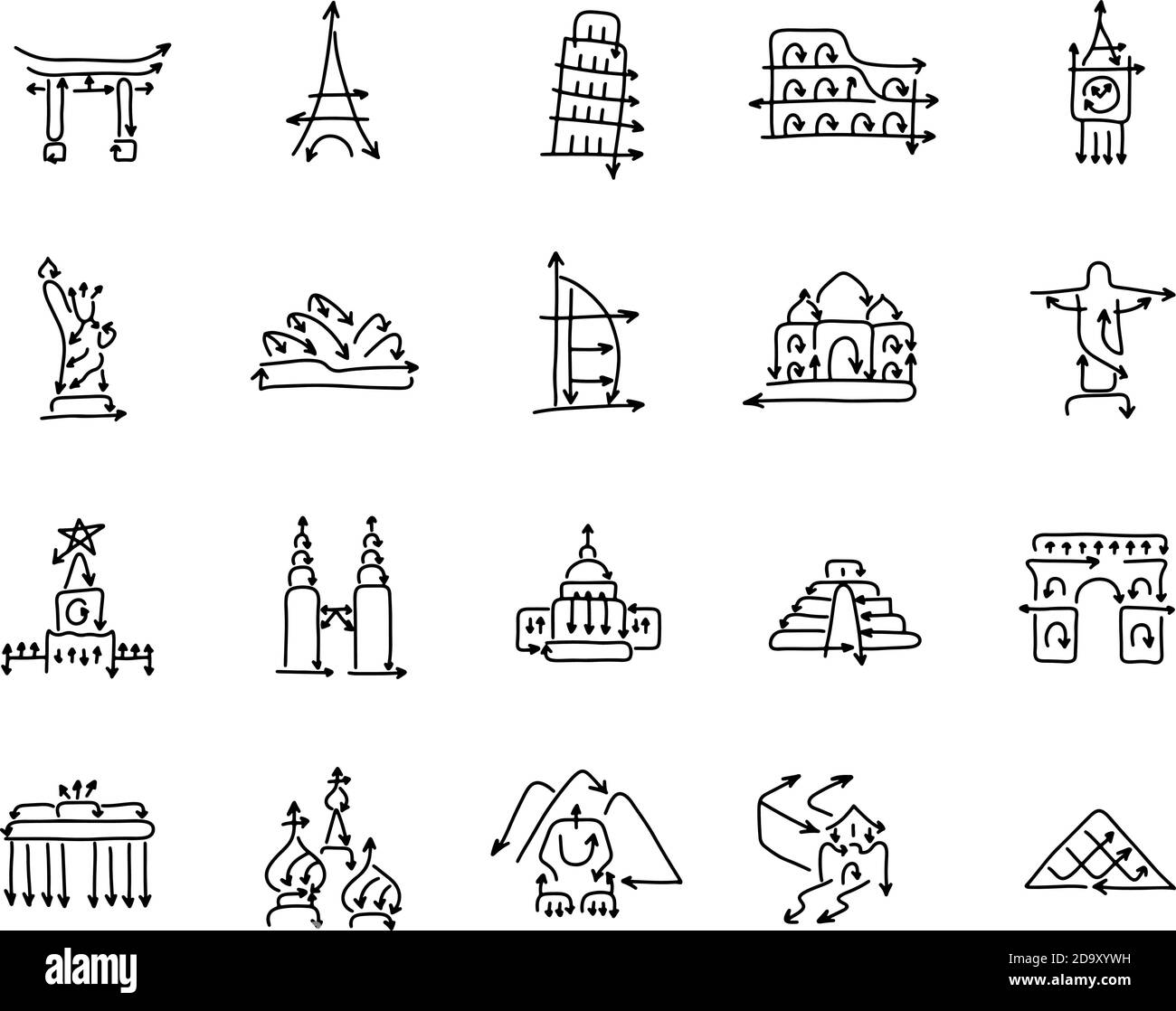 insieme di icone di famosi monumenti storici del mondo segni fatti dalla freccia illustrazione vettoriale schizzo doodle mano disegnata con linee nere isolate su sfondo bianco Illustrazione Vettoriale