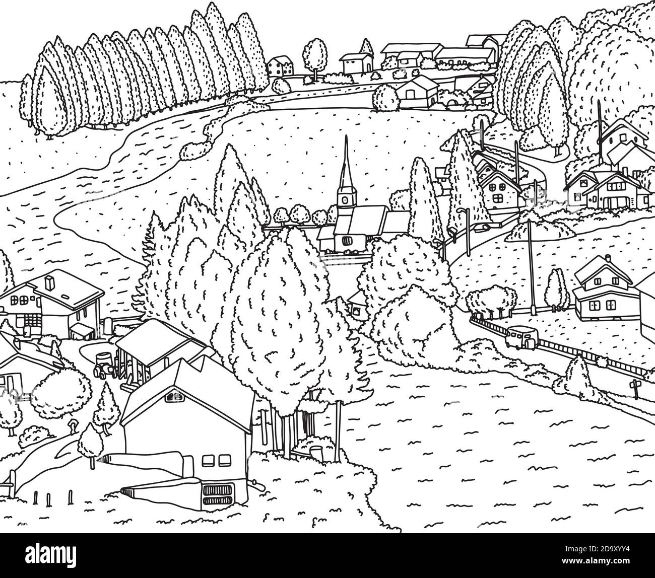 paesaggio di campagna con casa e fiume vettore illustrazione doodle schizzo disegnata a mano con linee nere isolate su sfondo bianco Illustrazione Vettoriale