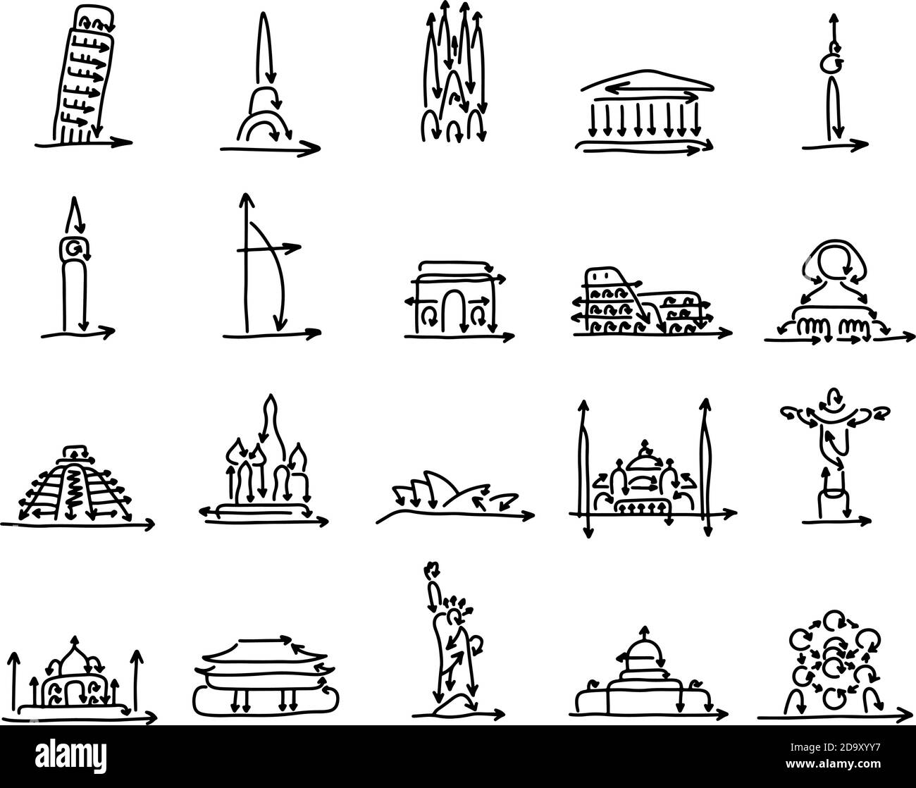 serie di segni di riferimento del mondo realizzati dall'illustrazione vettoriale a freccia schizzo doodle mano disegnata con linee nere isolate su bianco sfondo Illustrazione Vettoriale