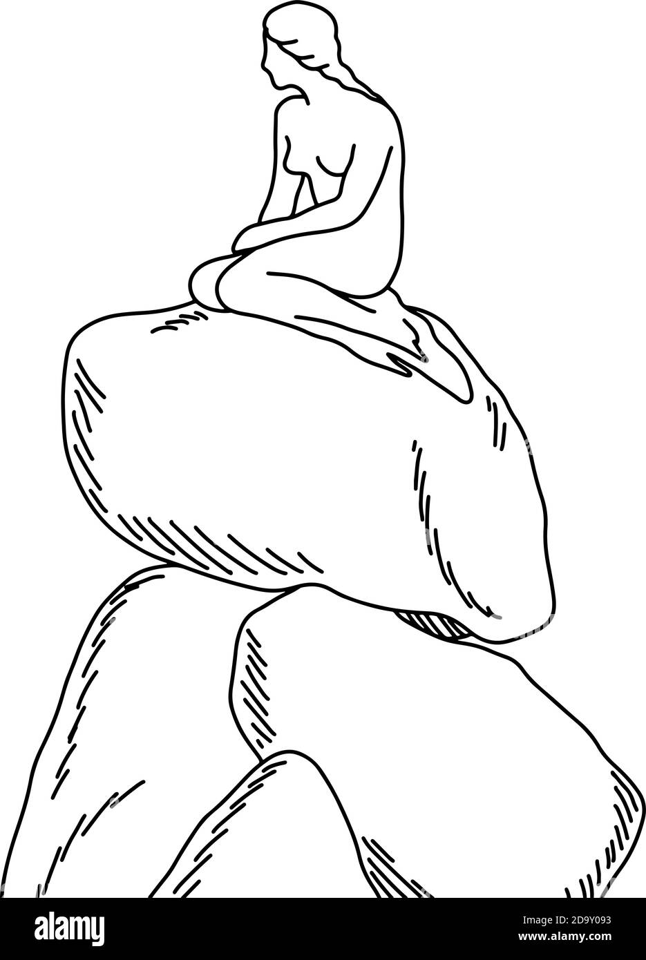 Simbolo della statua della Sirenetta sulla roccia a Copenhagen, Danimarca illustrazione vettoriale schizzo doodle mano disegnata con linee nere isolate su sfondo bianco Illustrazione Vettoriale