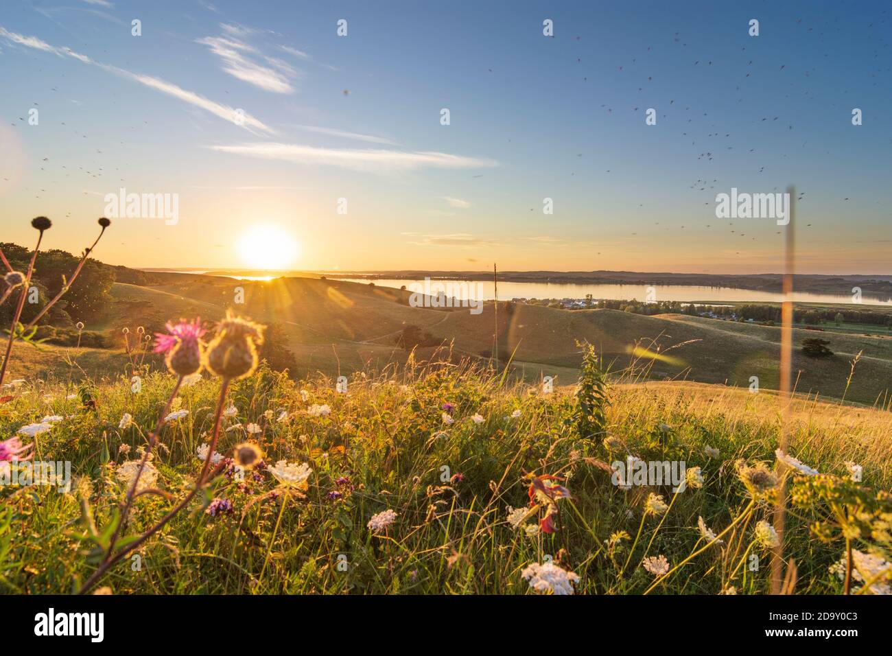 Mönchgut: Vista dalla collina Bakenberg al villaggio di Gager, baia Hagensche Wiek, penisola Reddevitz (Reddevitzer Höft), Mar Baltico, tramonto, moskitos, Ostsee Foto Stock
