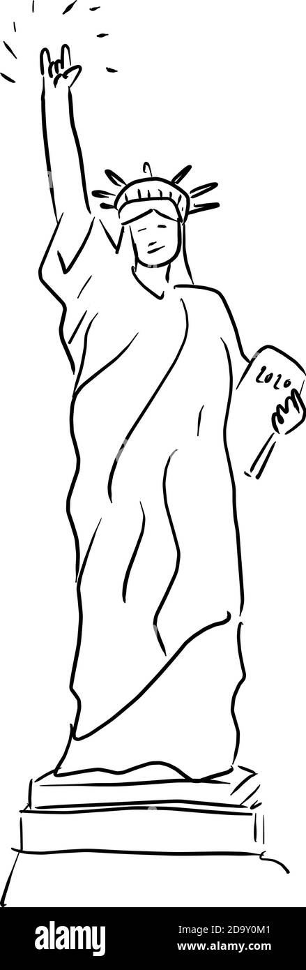 statua della libertà con il segno della mano di amore illustrazione vettoriale schizzo doodle mano disegnata con linee nere isolate su bianco sfondo Illustrazione Vettoriale