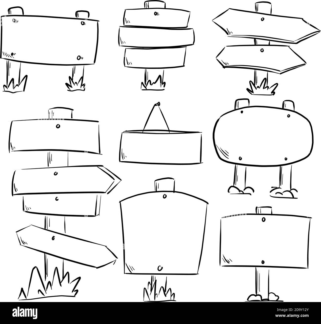 serie di cartelli stradali in legno e frecce dello schizzo dell'illustrazione vettoriale doodle mano disegnata con linee nere isolate su sfondo bianco Illustrazione Vettoriale