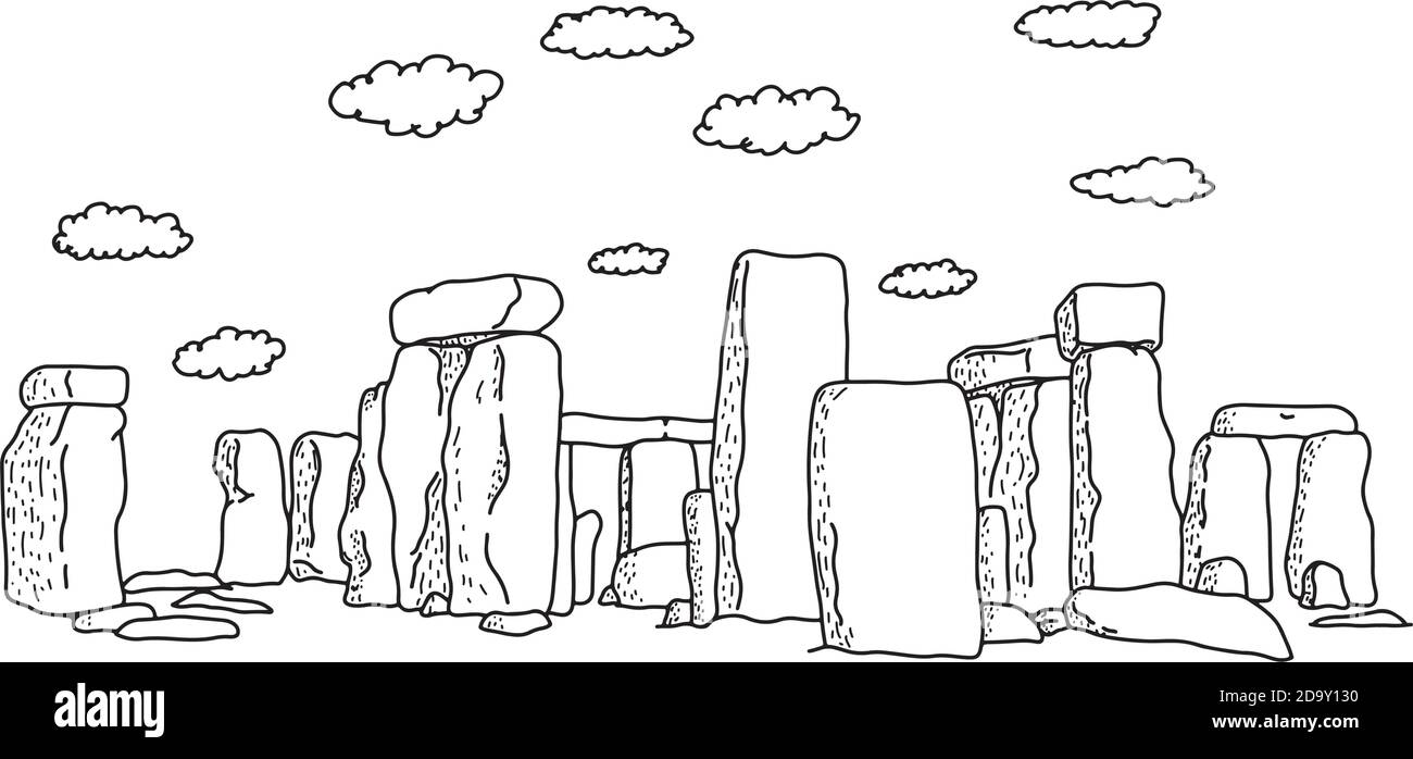 stonehenge con nuvole illustrazione vettoriale schizzo doodle mano disegnata con linee nere isolate su sfondo bianco. Concetto di viaggio e turismo. Illustrazione Vettoriale