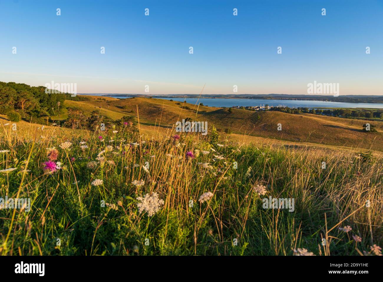 Mönchgut: Vista dalla collina Bakenberg al villaggio di Gager, baia Hagensche Wiek, penisola Reddevitz (Reddevitzer Höft), Mar Baltico, Ostsee (Mar Baltico), Rüge Foto Stock