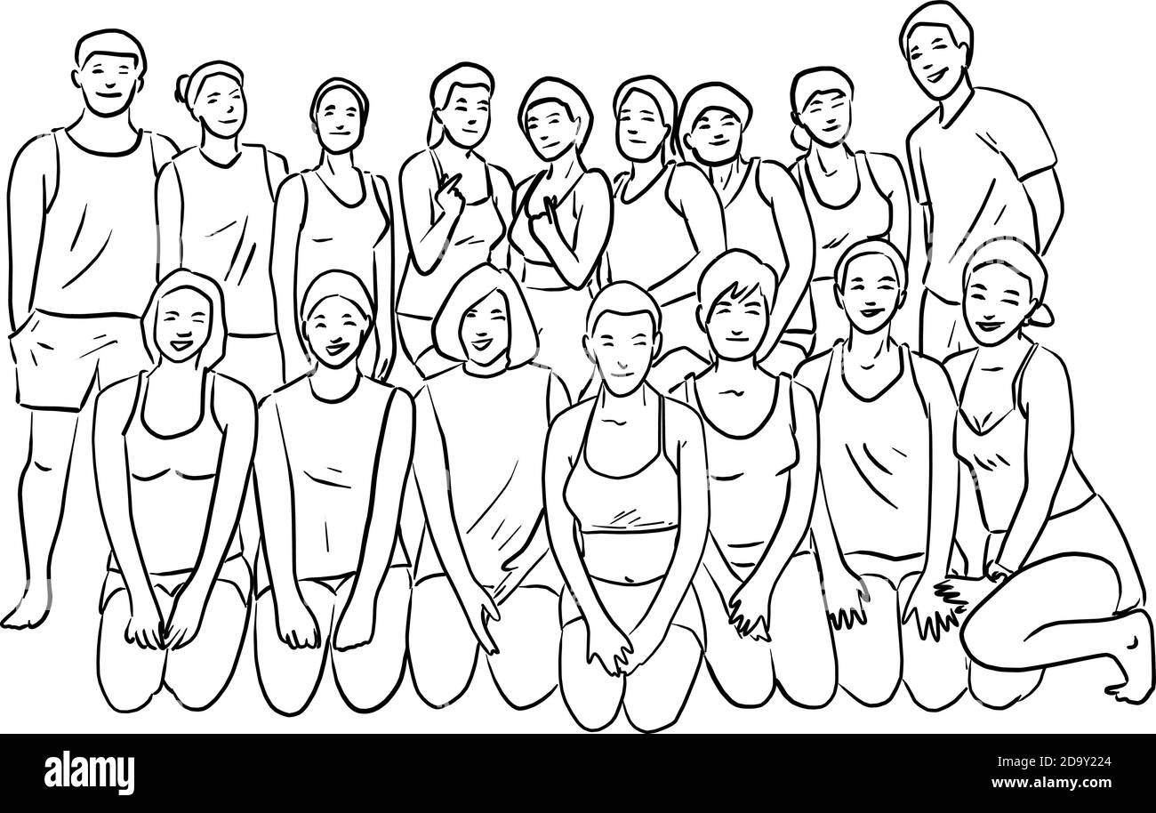 gruppo di persone dopo la lezione di yoga in piedi e seduti insieme illustrazione vettoriale schizzo doodle mano disegnata isolata su sfondo bianco Illustrazione Vettoriale