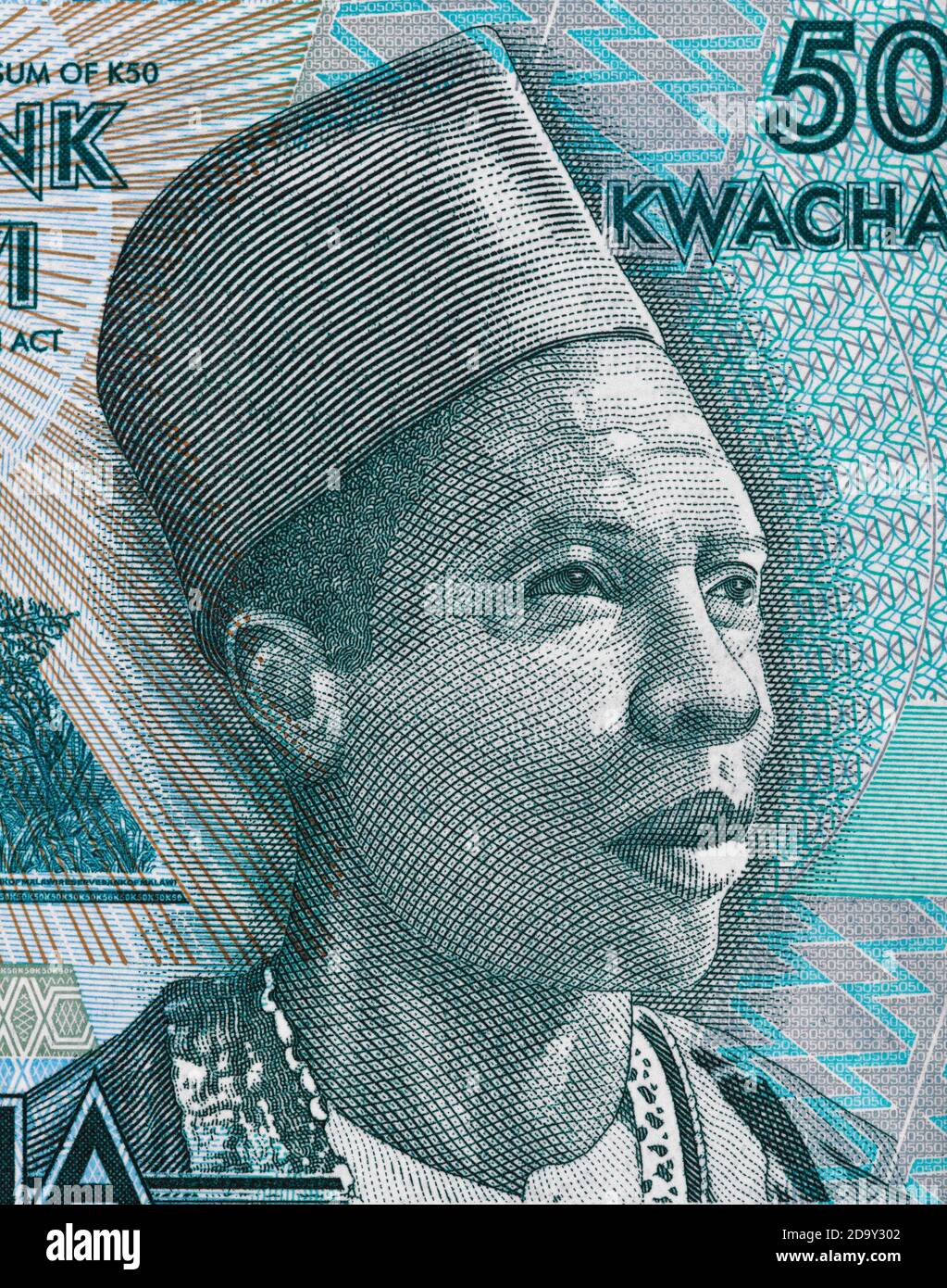 Inkosi Ya Makhosi Gomani II ritratto su Malawi 50 kwacha banconota primo piano macro, Money closeup malawiano Foto Stock