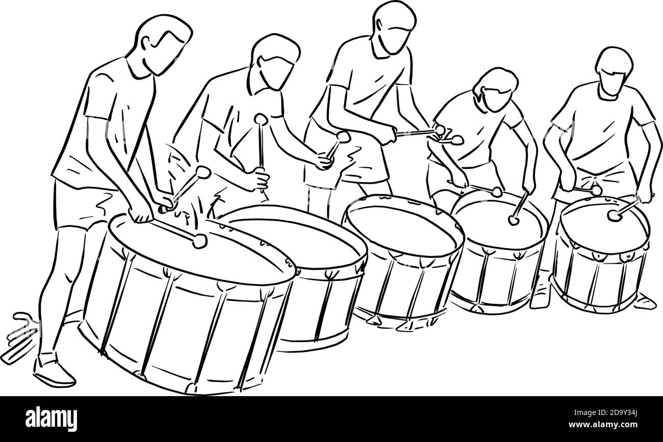 cinque adolescenti che giocano marching vettore illustrazione schizzo doodle mano disegnata con linee nere isolate su sfondo bianco. Concetto di lavoro di squadra. Illustrazione Vettoriale
