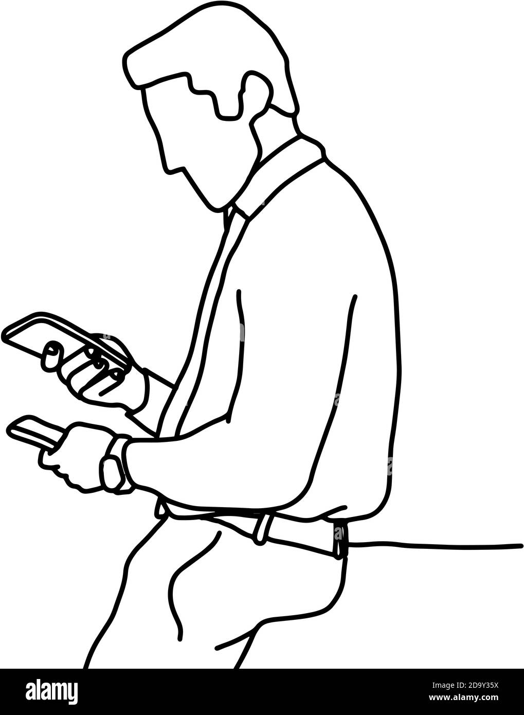 uomo d'affari che tiene due telefono cellulare vettore illustrazione schizzo doodle mano tracciato con linee nere isolate su sfondo bianco Illustrazione Vettoriale