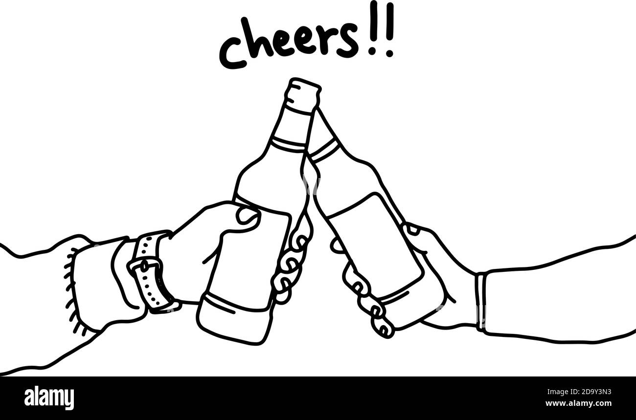 Due mani che tengono due bottiglie di birra illustrazione vettoriale schizzo doodle mano disegnata con linee nere isolate su sfondo bianco. Tostatura. Illustrazione Vettoriale
