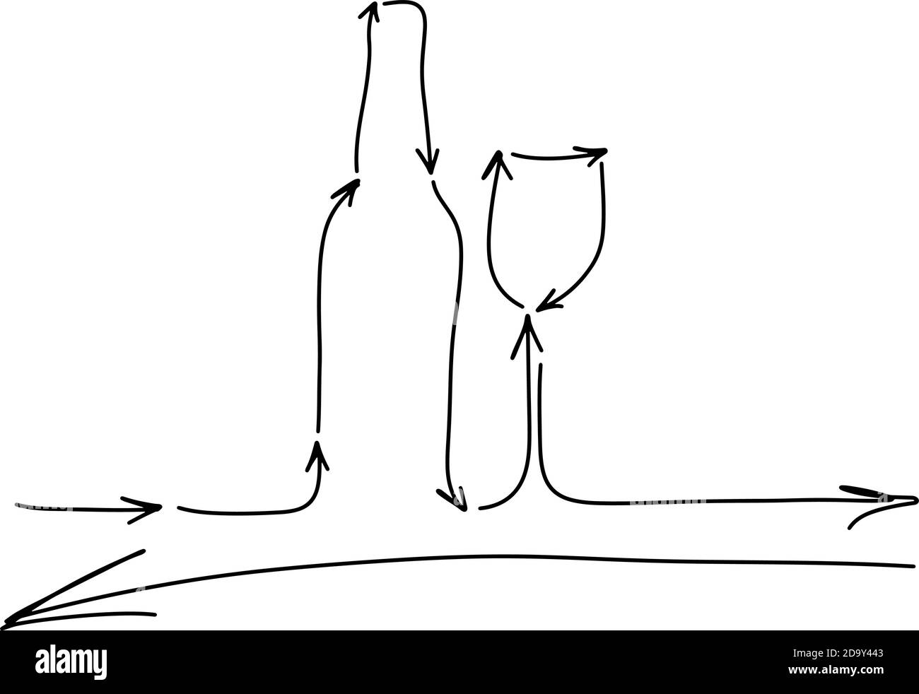 Bicchiere di vino con bottiglia fatta da frecce disegno vettoriale doodle mano disegnata con linee nere isolate su sfondo bianco Illustrazione Vettoriale