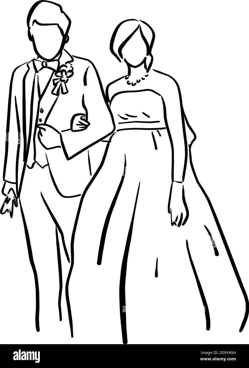 Sposa e sposo di nozze in piedi insieme disegno vettoriale doodle mano disegnata con linee nere isolate su sfondo bianco Illustrazione Vettoriale