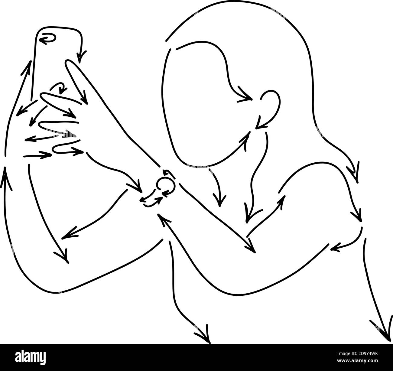 donna che usa un telefono cellulare realizzato con uno schizzo di illustrazione vettoriale a freccia doodle mano disegnata con linee nere isolate su sfondo bianco Illustrazione Vettoriale
