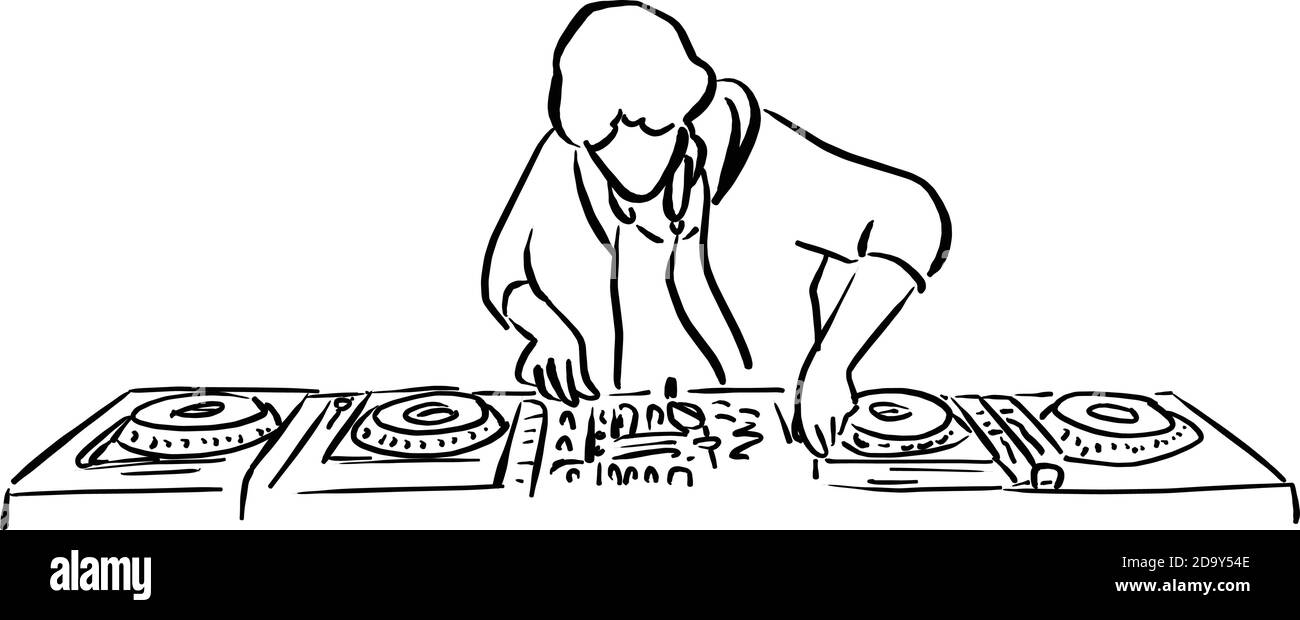 Disco jockey con giradischi dj riproduce dischi in vinile graffiato e mixare tracce musicali illustrazione vettoriale schizzo doodle mano disegnata con linee nere è Illustrazione Vettoriale