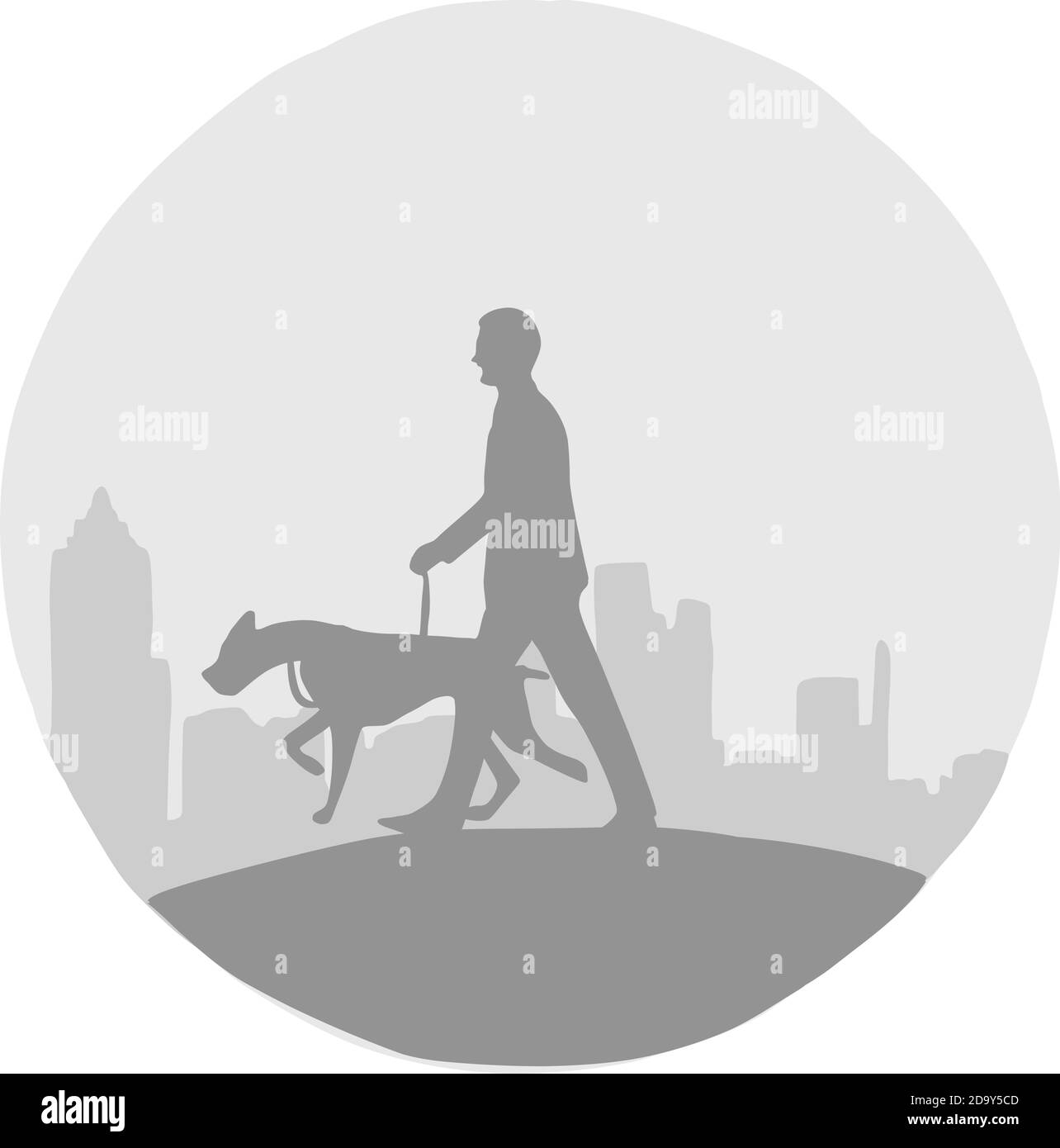 silhouette uomo e il suo cane con immagine vettoriale del paesaggio urbano con linee nere isolate su sfondo bianco. ombra di grigi. Illustrazione Vettoriale