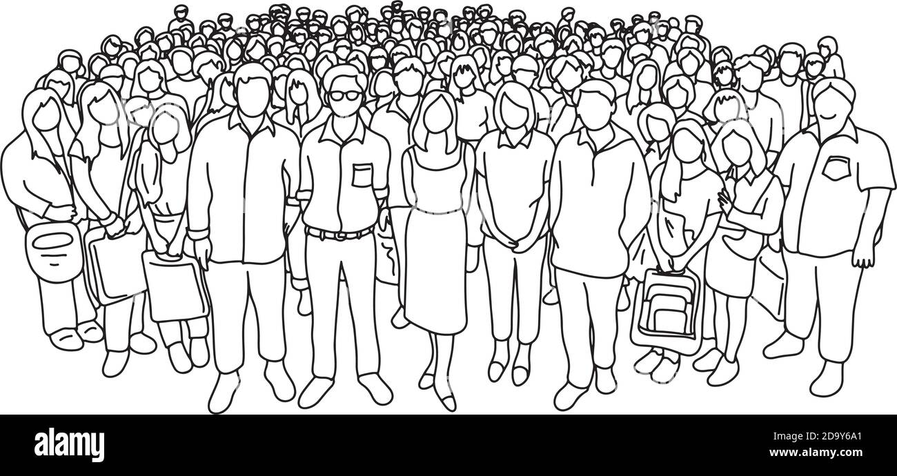 gruppo di persone anziane e giovani con diverso status sociale illustrazione vettoriale schizzo doodle mano disegnata con linee nere isolate su sfondo bianco Illustrazione Vettoriale