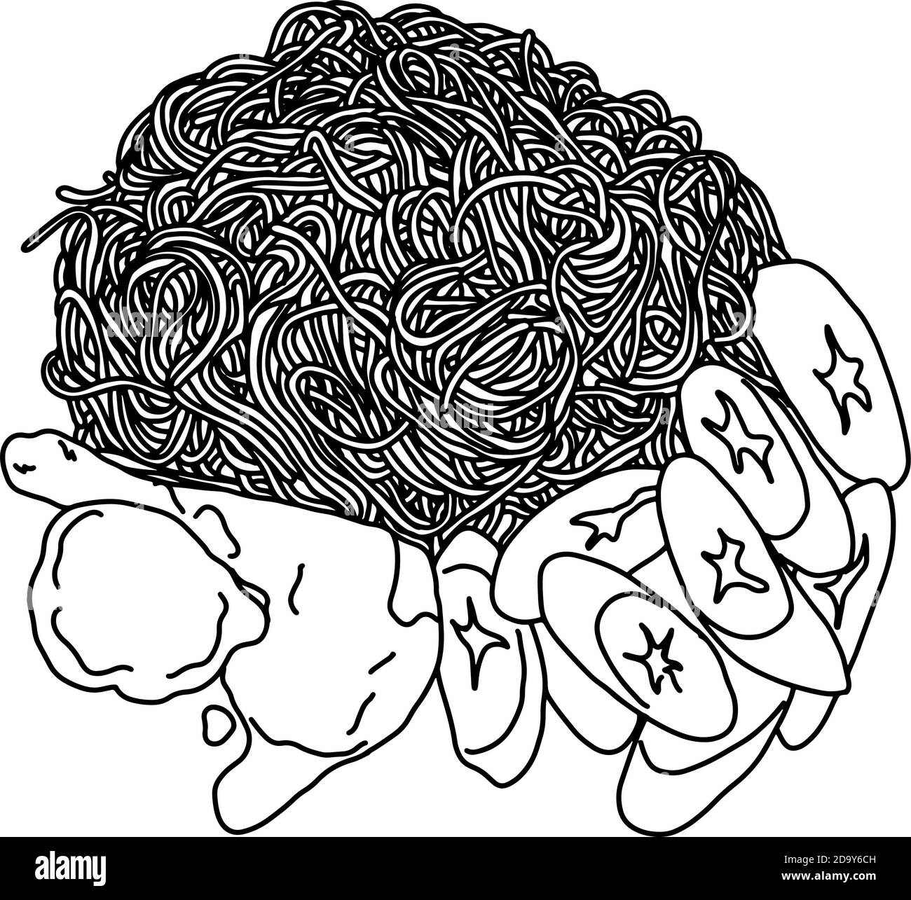 Spaghetti con pollo e verdure vettoriale illustrazione schizzo doodle mano tracciato con linee nere isolate su sfondo bianco Illustrazione Vettoriale
