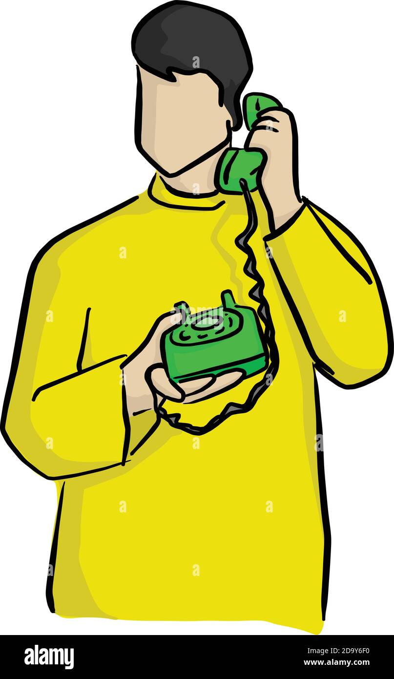 uomo che usa un telefono da tavolo verde con le linee nere isolato su sfondo bianco Illustrazione Vettoriale