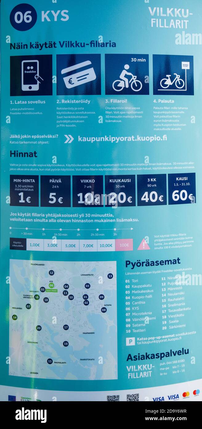Istruzioni ( in finlandese ) su come noleggiare , pagare , utilizzare e restituire le biciclette Vilkku-Fillarit . Contiene anche la mappa delle stazioni di bicicletta Kuopio Finlandia Foto Stock