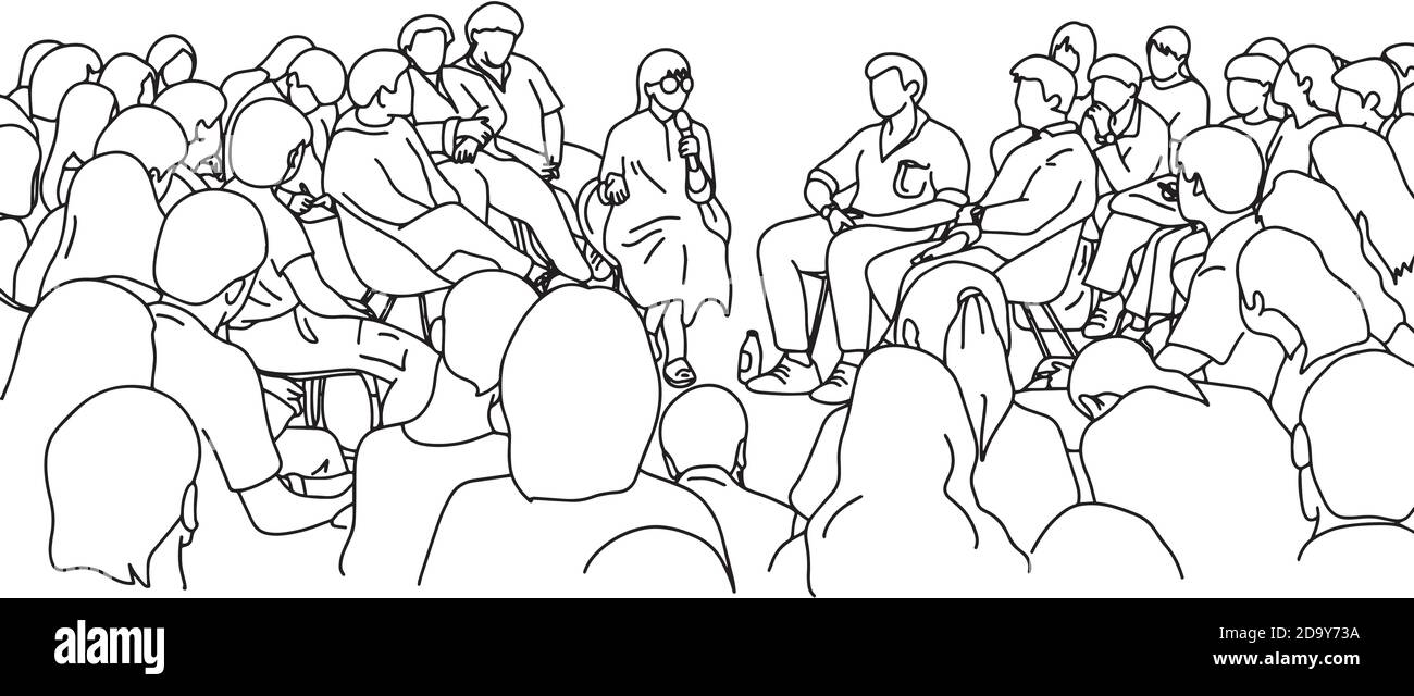 insegnante femminile e studenti nella sala conferenze illustrazione vettoriale schizzo doodle mano disegnata con linee nere isolate su bianco sfondo Illustrazione Vettoriale