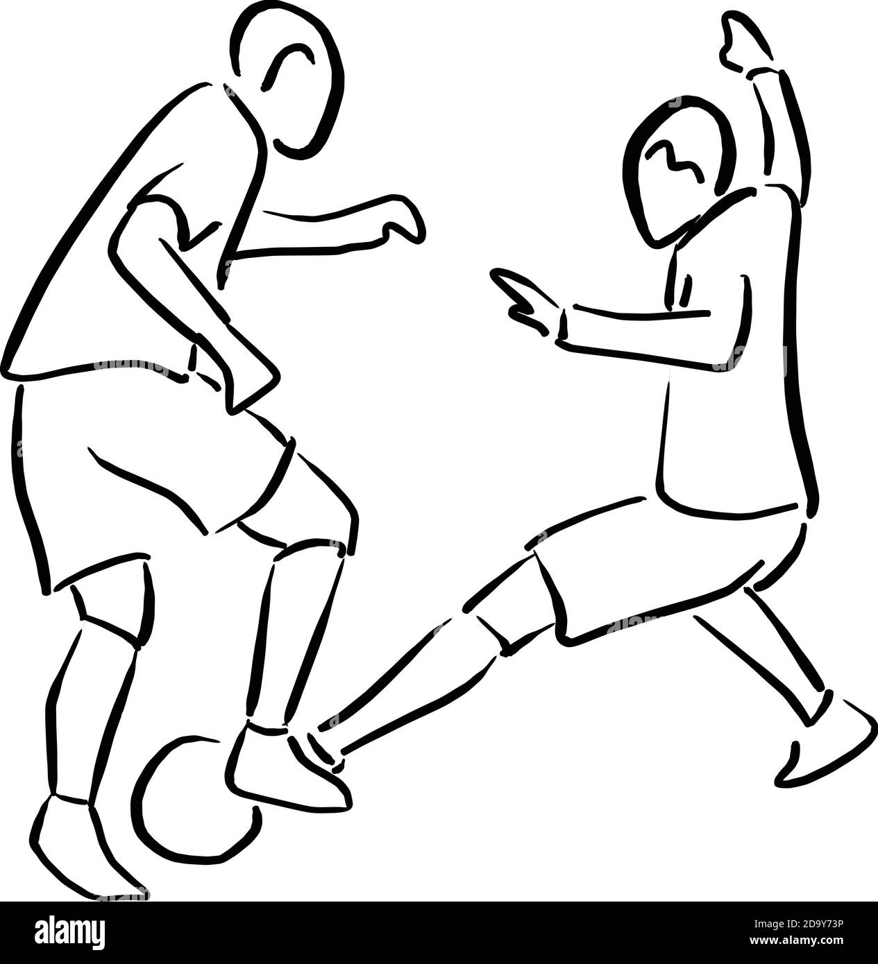 due giocatori di calcio con palla vettore illustrazione schizzo doodle mano tracciato con linee nere isolate su sfondo bianco Illustrazione Vettoriale