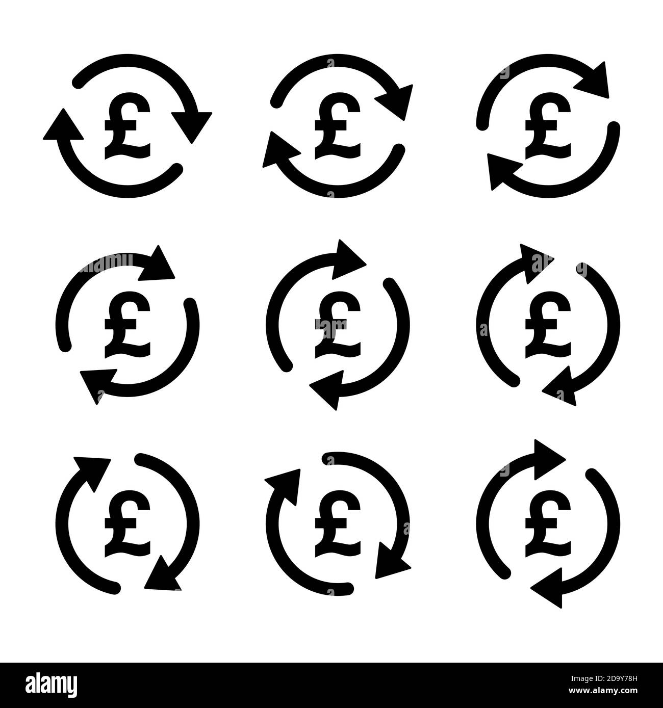 Insieme di icona di denaro sterlina, raccolta di simbolo di affari gbp, illustrazione vettoriale di economia di mercato . Illustrazione Vettoriale