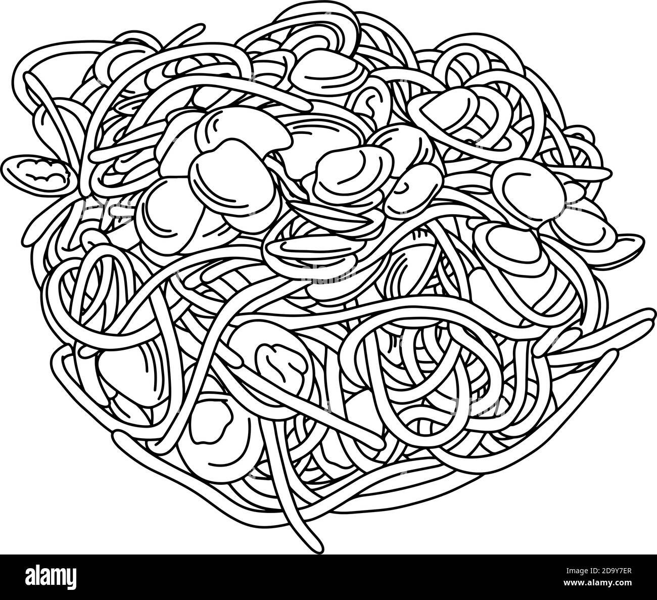 Spaghetti con vongole illustrazione vettoriale schizzo doodle mano disegnata con linee nere isolate su sfondo bianco Illustrazione Vettoriale