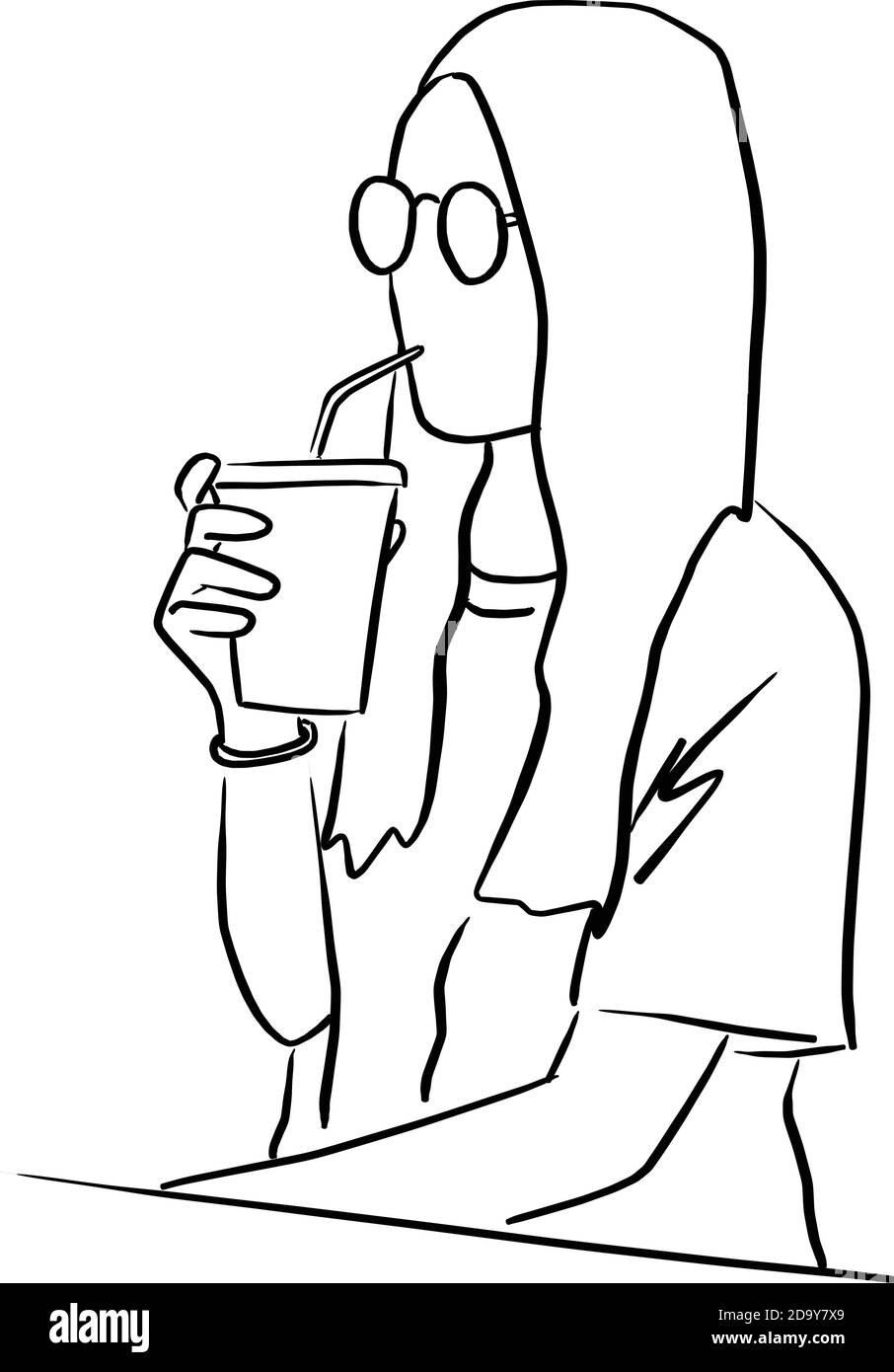 donna con bicchieri che beve caffè freddo takeaway disegno vettoriale doodle mano disegnata con linee nere isolate su sfondo bianco Illustrazione Vettoriale