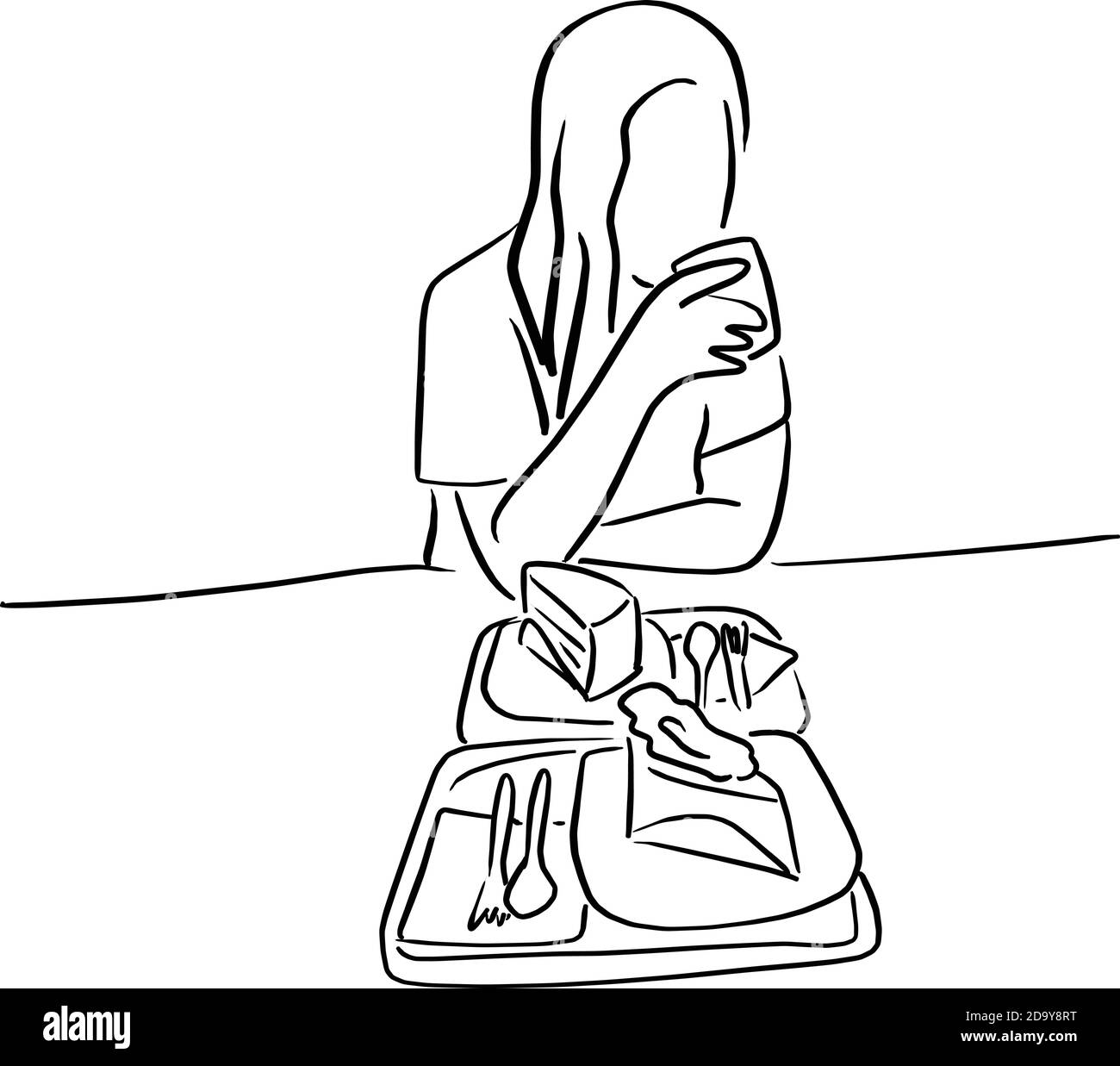 donna che beve con torta su tavola vettore illustrazione doodle schizzo disegnata a mano con linee nere isolate su sfondo bianco Illustrazione Vettoriale